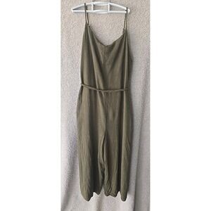 P. Cill Cropped Jumpsuit Womens M Green Pockets Linen Blend‎ Minimalist Boho